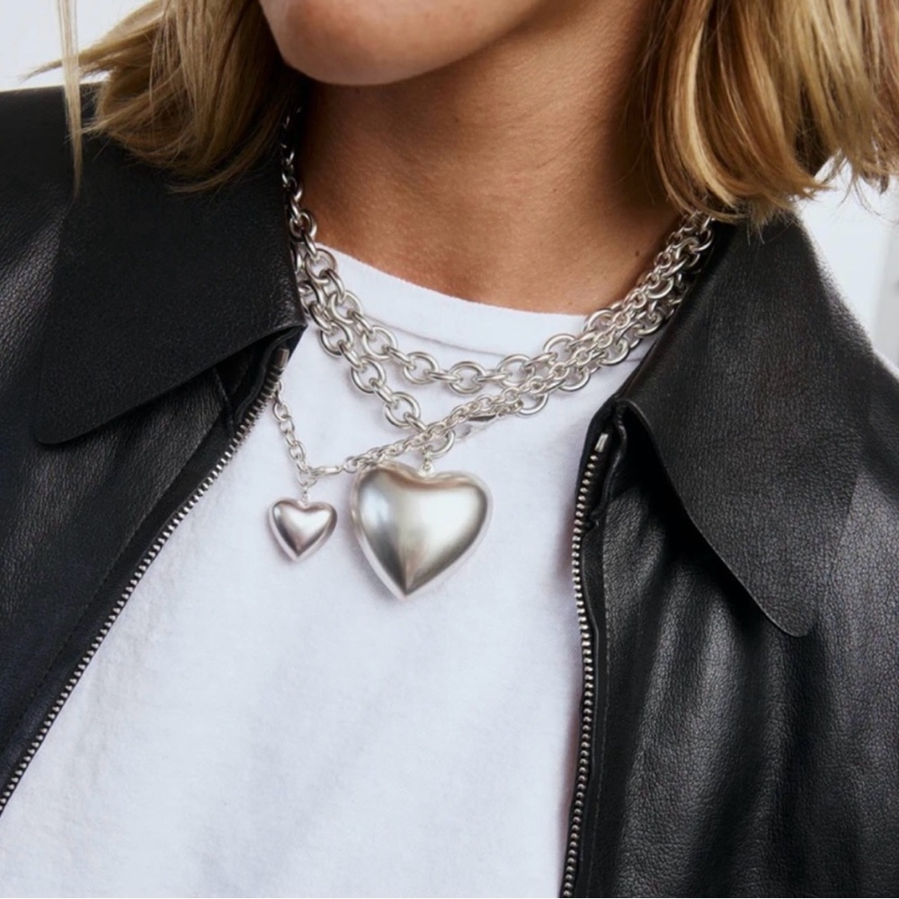 Set Of 2,ROXANNE ASSOULIN The Mini Puffy Heart Necklace in Silver* FIRM PRICE*